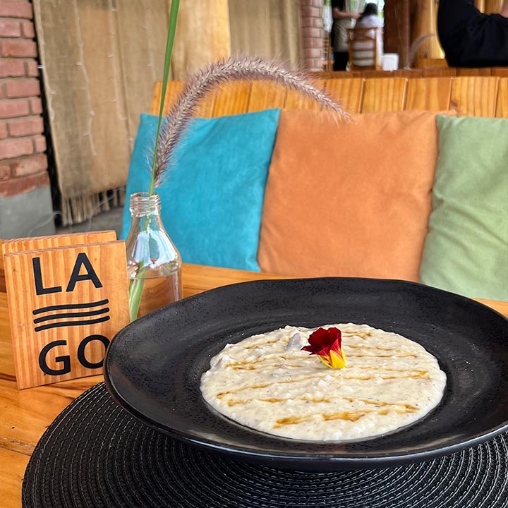 Prato de comida italiana com molho branco, decorado com uma flor com cores vermelha e amarela, servido em um prato preto em restaurante aconchegante