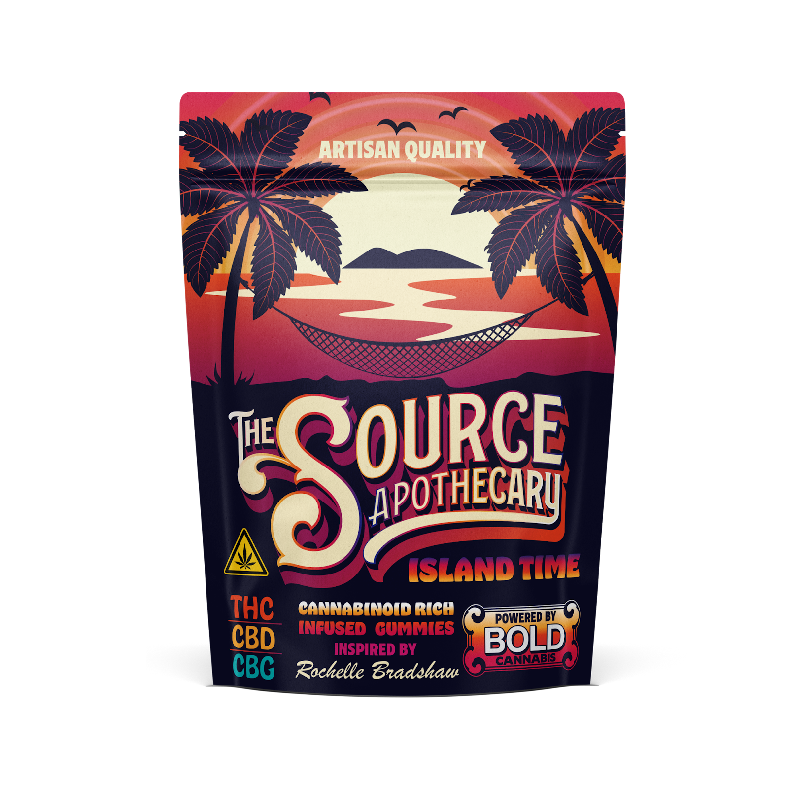 Product packaging for 'Island Time' by The Source Apothecary. The package features a vibrant tropical sunset scene with palm trees and a hammock. The design includes 'The Source Apothecary' in stylized text, and 'Island Time' prominently displayed. It's labeled as 'Cannabinoid Rich Infused Gummies' containing THC, CBD, and CBG, inspired by Rochelle Bradshaw. The product is described as 'Artisan Quality' and is 'Powered by BOLD Cannabis’. 