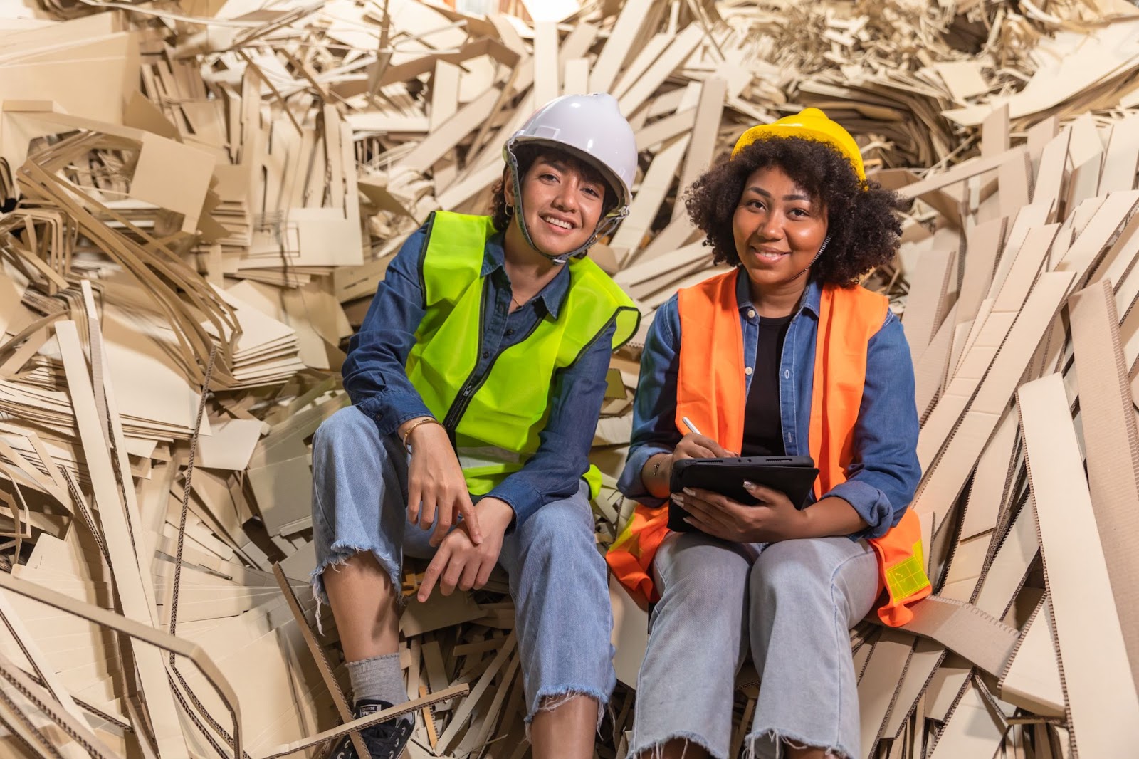 Two female construction workers wearing hard hats next to recyclable materials. 
