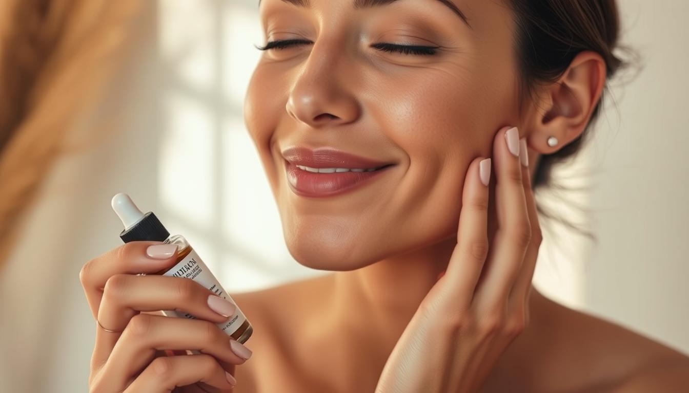 Woman with glowing skin applying sandalwood-based skincare product