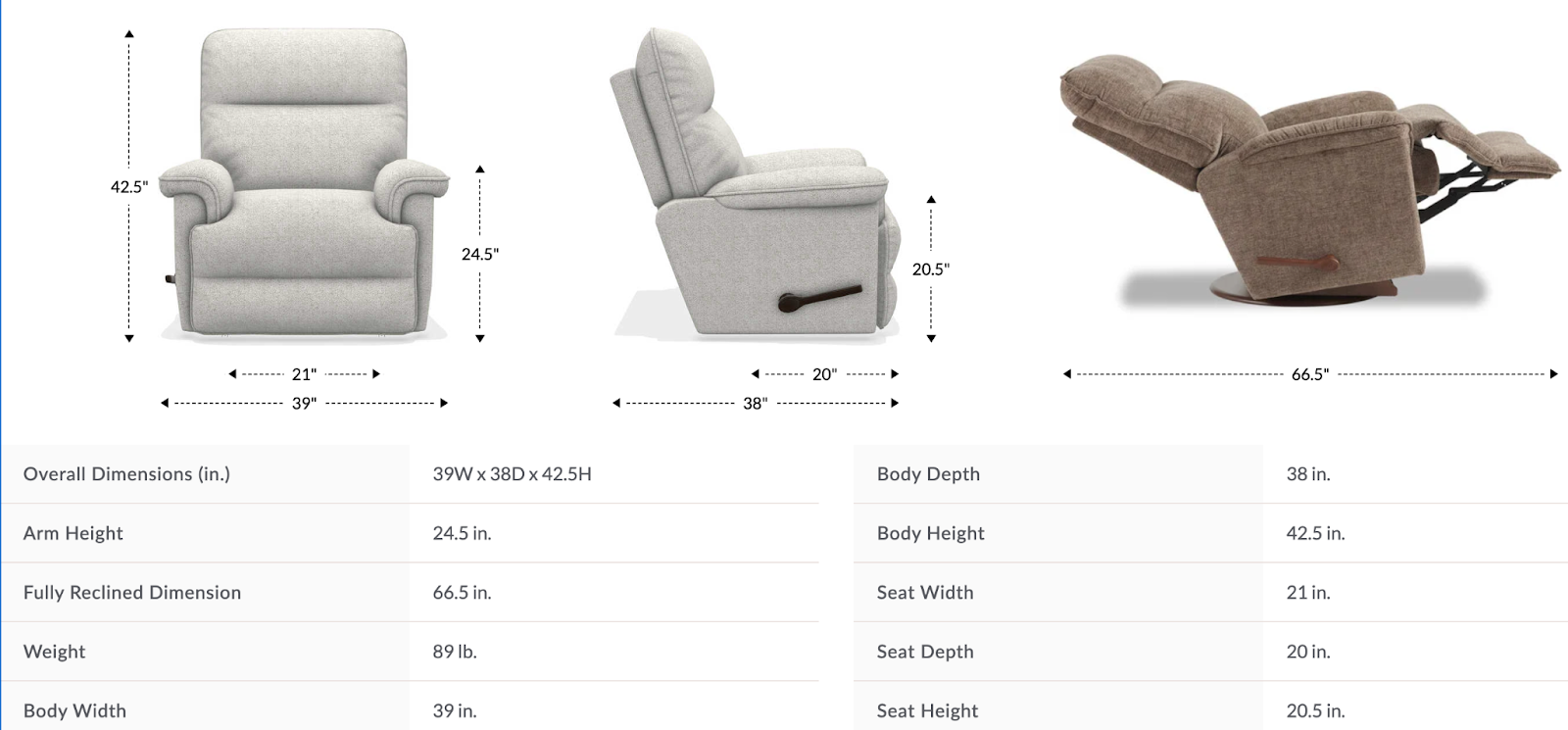 jay wall recliner dimensions