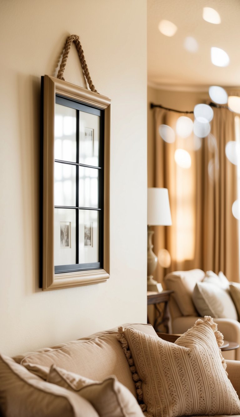 A cozy living room with a beige Pottery Barn picture frame hanging on the wall, surrounded by warm and inviting beige decor