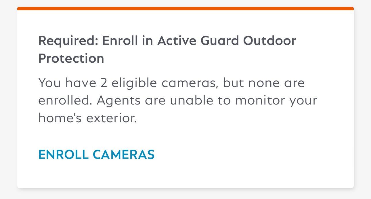 An enrollment prompt appearing in the SimpliSafe® Mobile App that reads "Required: Enroll in Active Guard Outdoor Protection" and has a link to Enroll Cameras.