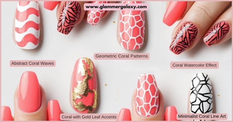 Various coral nail art designs displayed, including abstract waves and geometric patterns with gold leaf accents.