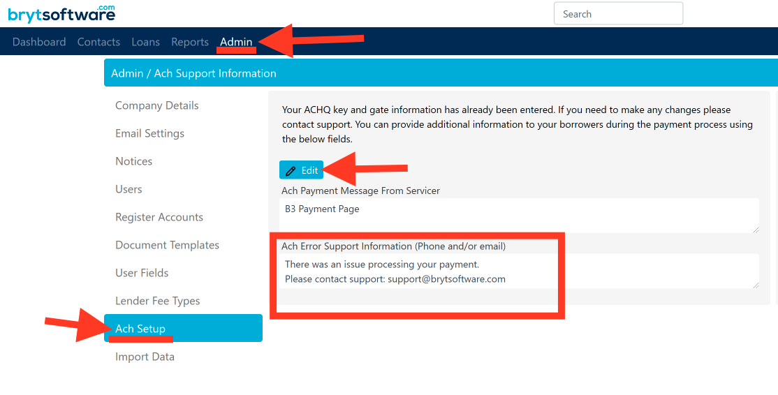 BrytSoftware admin panel displaying ACH support information with options to edit payment messages and contact support details.