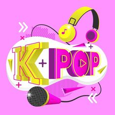 This  contain an image of the kpop logo with headphones and microphones on it, against a pink background