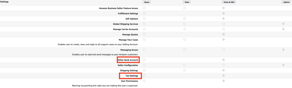 Amazon Seller Central User Permissions - Settings Access
