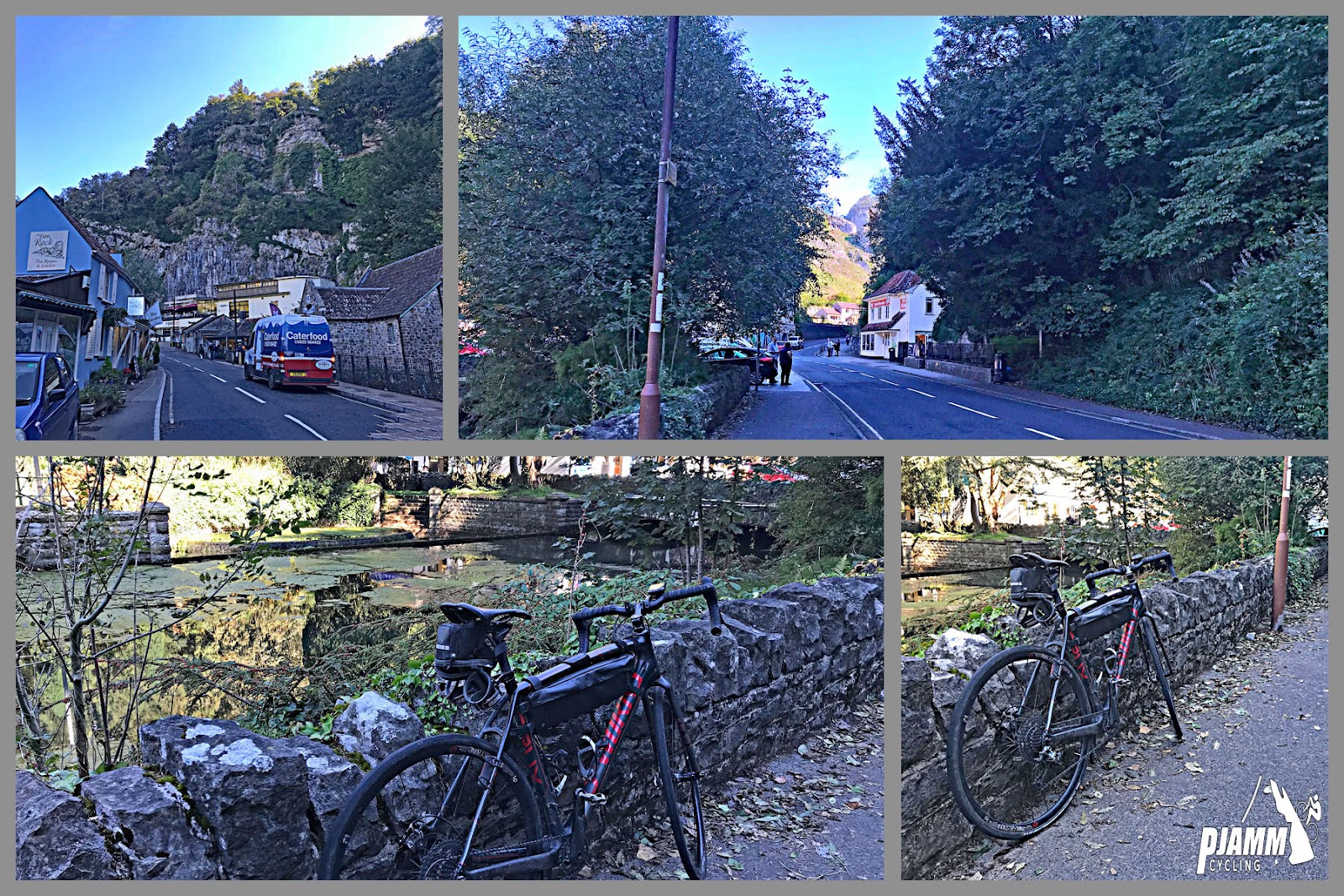 Cycling Cheddar Gorge - bus on road, gift shops and cheese shops, bike leaning against low rock wall