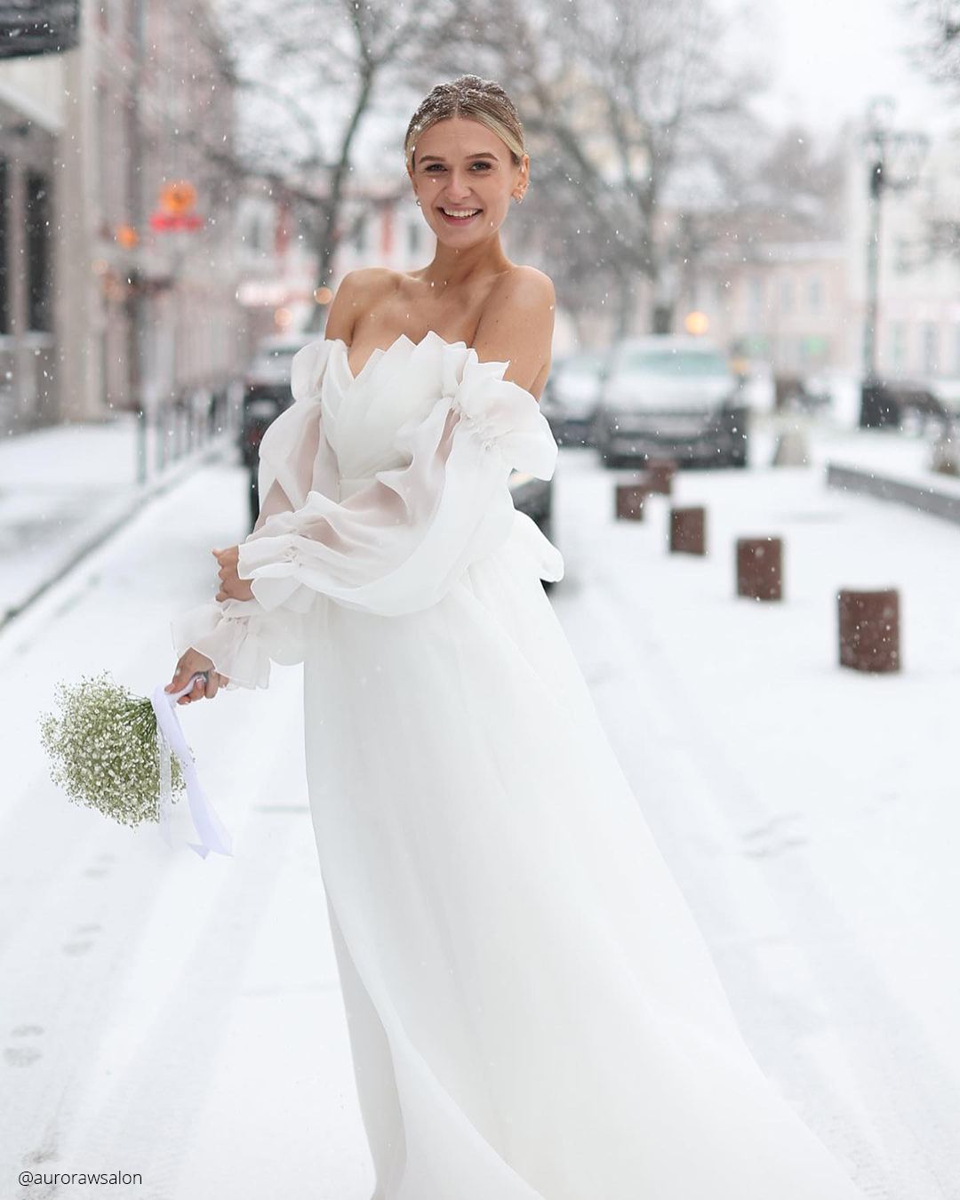 winter wedding dresses outfits simple with sleeves off the shoulder aurorawsalon