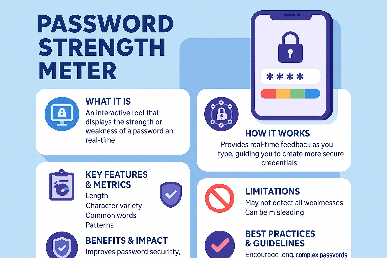 A password strength meter is an interactive tool that displays the strength or weakness of your chosen password in real-time. Essentially, a password strength checker provides instant feedback while you type, guiding you to create more secure credentials. In this article, we’ll define the password strength meter, explore its functionality & mechanism, highlight key features & metrics used, discuss benefits & user impact, cover common limitations & criticisms, and finally share best practices & guidelines so you can confidently use—or even integrate—a strength meter for passwords on your own site or app.

