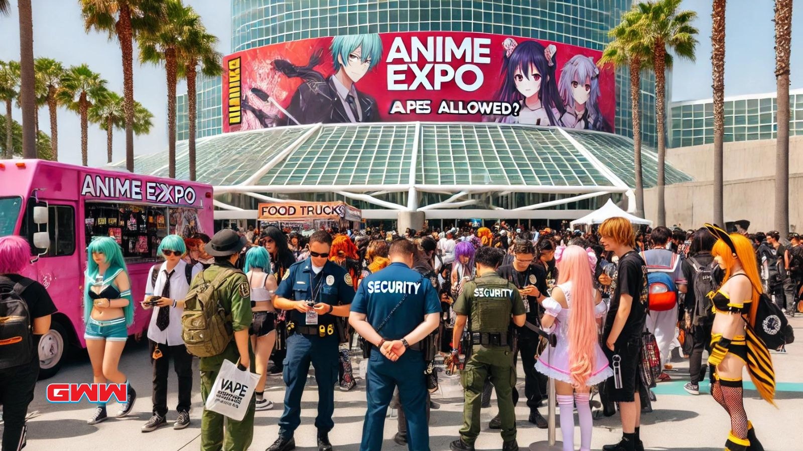 Cosplayers and security gather near food trucks, Anime Expo sign overhead