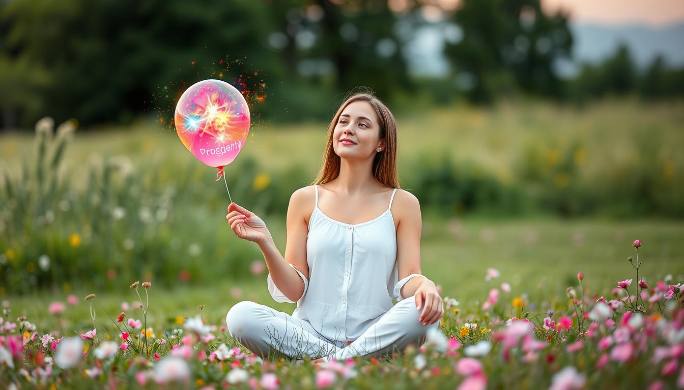 An image of a woman sitting cross-legged in a peaceful meadow, surrounded by blooming flowers and holding a balloon filled with colorful energy. The woman is letting go of the balloon, watching it float away as she releases energetic blocks to becoming pregnant. The energy from the balloon is dispersed into the atmosphere, symbolizing the release of negative energy and emotions that may have been hindering conception. The woman appears relaxed and content, with a serene expression on her face.