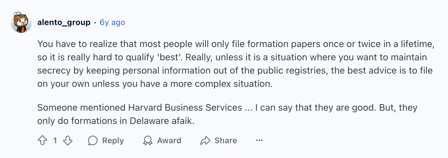 Reddit comment from u/alento_group that says most people only file formation papers once, so it's difficult to gauge which  business formation service is actually best