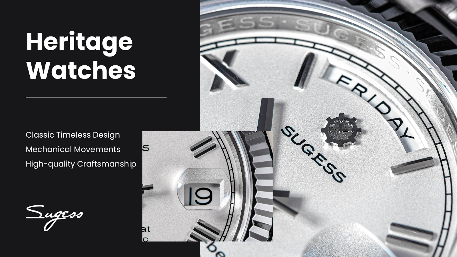 Close-up of Sugess Heritage watch showcasing classic timeless design, mechanical movements, and high-quality craftsmanship.