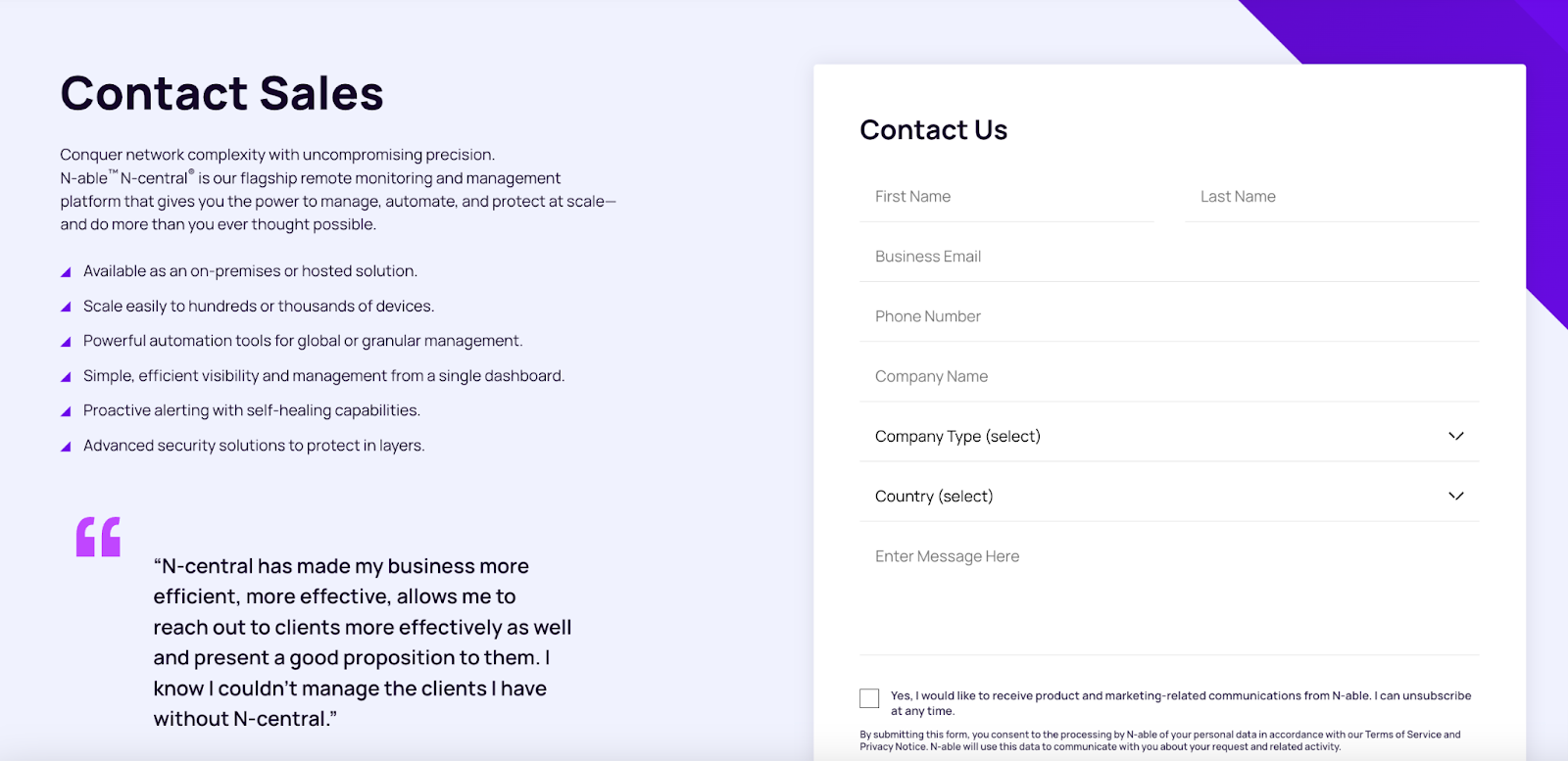N-able contact sales page screenshot.