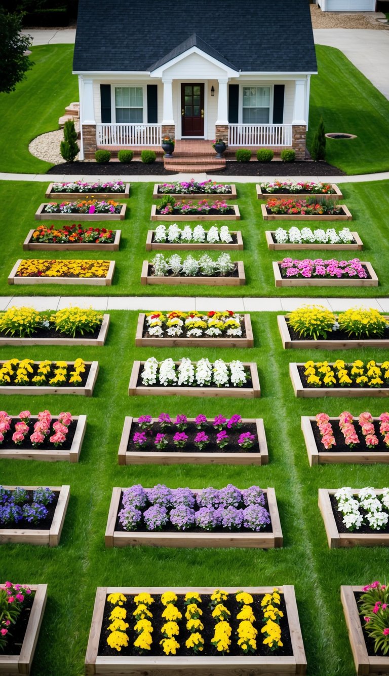 21 flower beds arranged in front of a house, varying in size and shape. Each bed is filled with a colorful assortment of flowers and surrounded by neatly trimmed grass