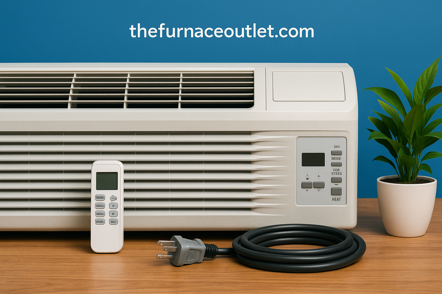 A digital photograph for The Furnace Outlet showcasing a PTAC unit with a remote control, power cord, and potted green plant arranged on a wood surface, set against a clean blue background with the website URL displayed