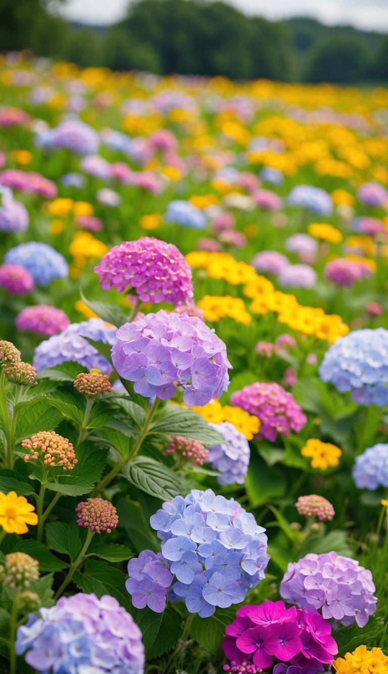 A vibrant meadow filled with wildflowers and hydrangeas, creating a beautiful and colorful landscape