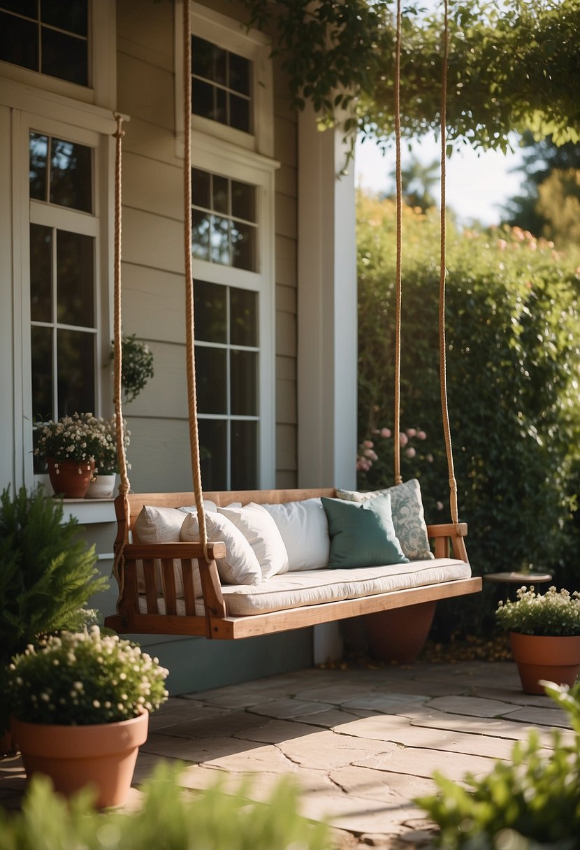 A porch swing with cushions sits in front of a charming house, surrounded by a beautifully landscaped garden