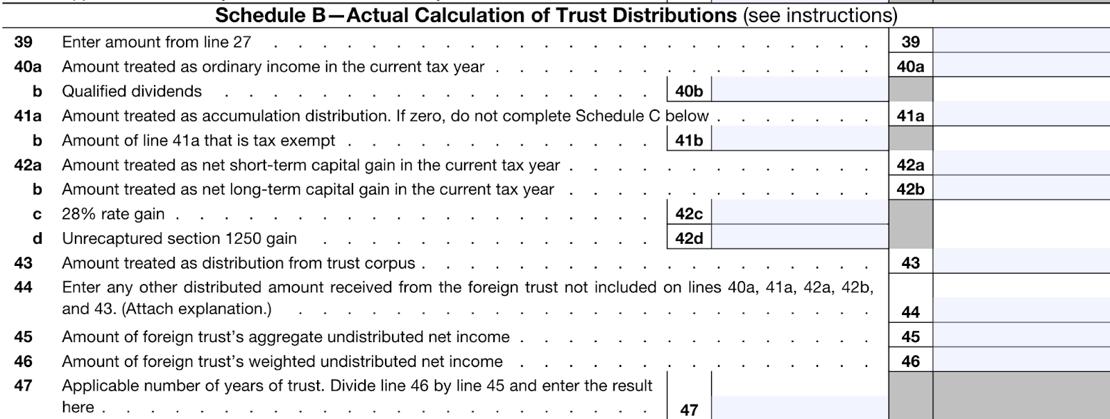 Screenshot of Schedule B: Actual Calculation of Trust Distributions under Part III of Form 3520.