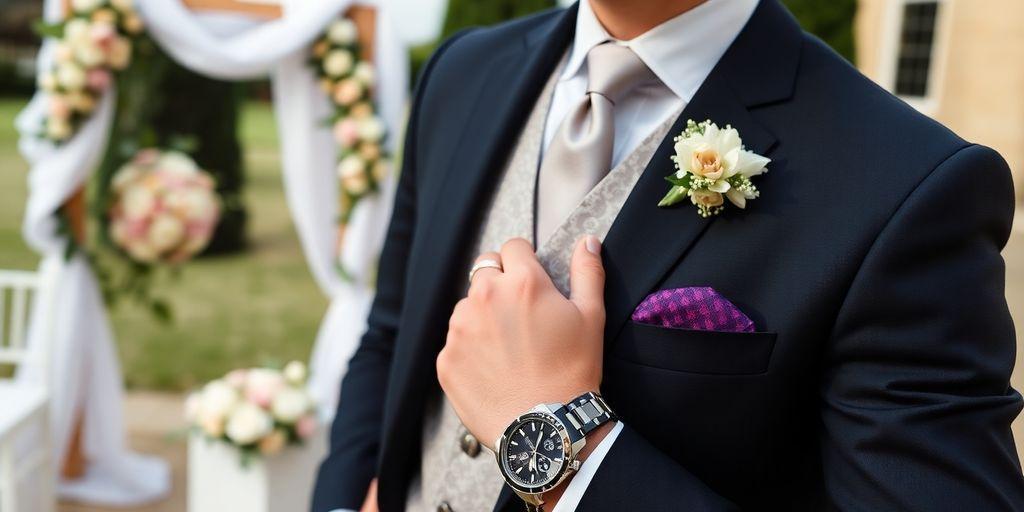 Groom in a suit wearing a wedding watch.