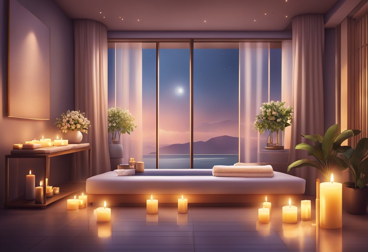 A serene spa room with soft lighting, plush towels, and a luxurious treatment bed surrounded by fragrant candles and soothing music