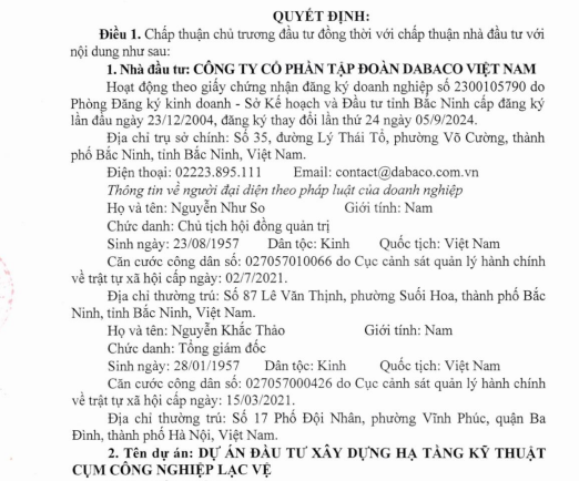 Quyết định số 530/QĐ-UBND về việc chấp thuận chủ trương đầu tư đồng thời chấp thuận Nhà đầu tư cho Tập đoàn Dabaco thực hiện Dự án (Nguồn: DABACO)