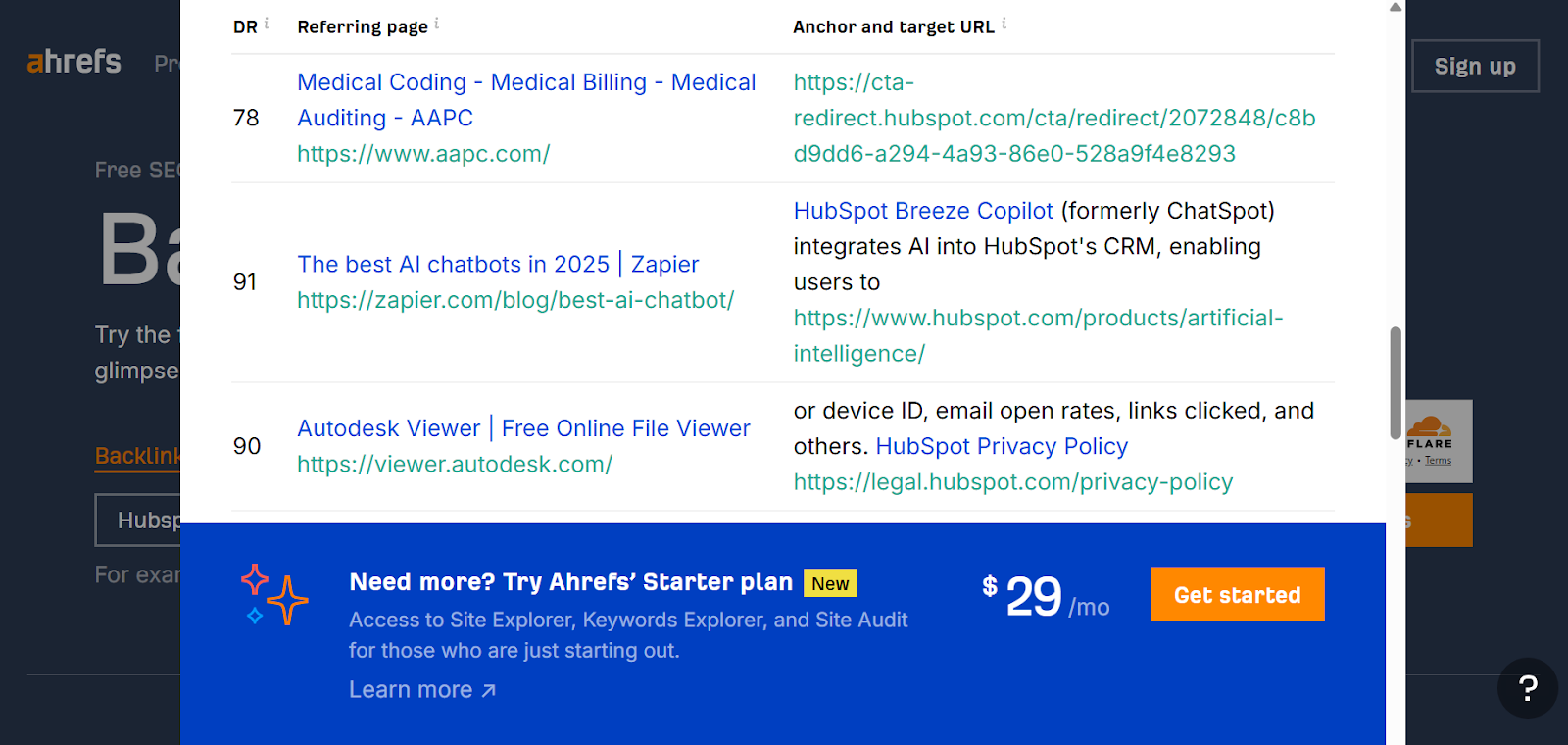 A page showing Hubspot's backlink profile through Ahrefs' free backlink checker