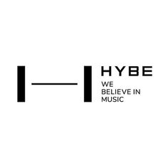 This contain HYBE  logo is black and white with words above it that say, we believe in music