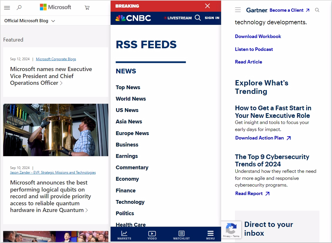 Example of Microft, CNBC, and Gartner RSS feeds 