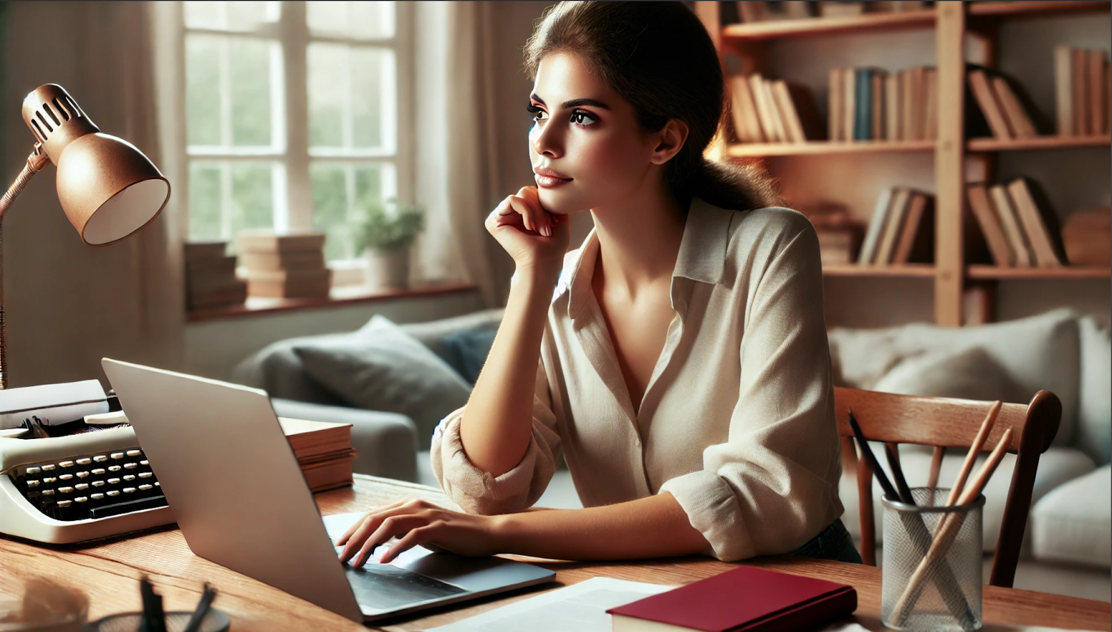 A woman thinking about how to write a query letter.