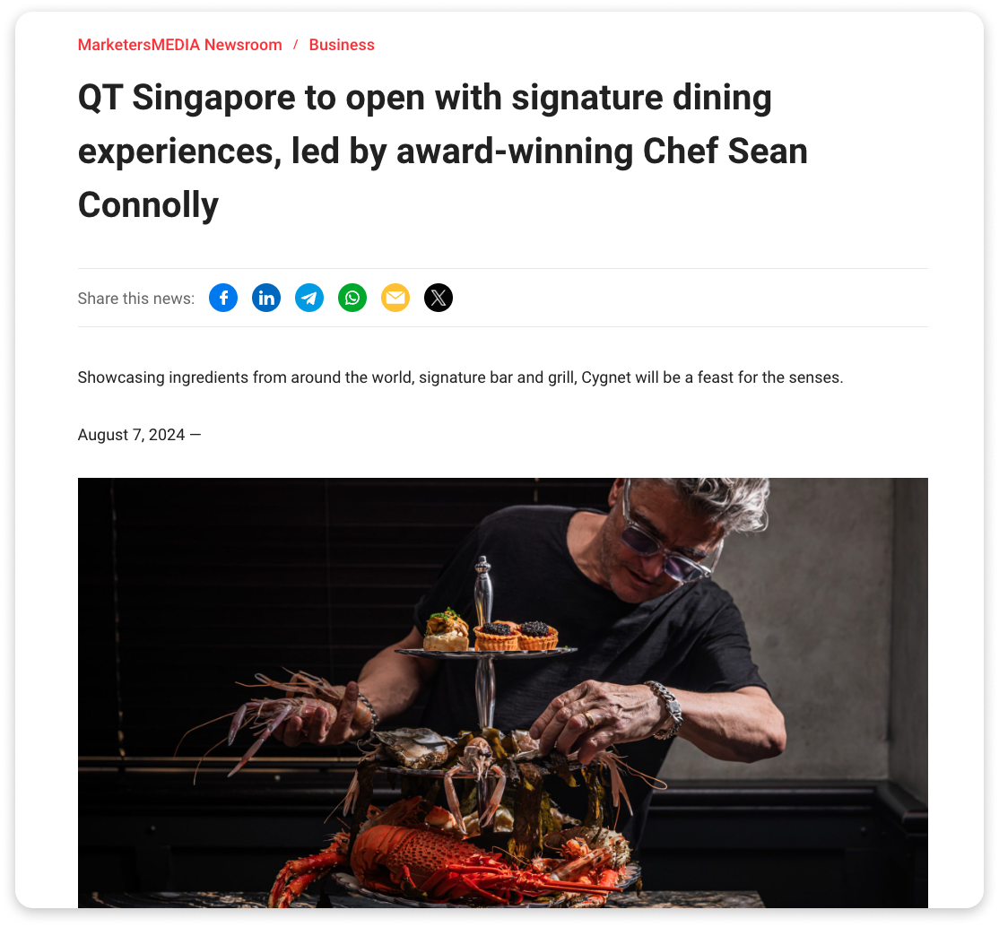 An example of a press release visual featuring Chef Sean Connolly arranging an elegant seafood platter for QT Singapore’s signature dining experience.