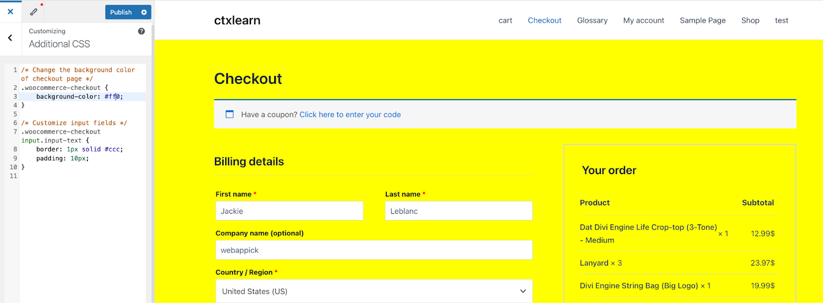 custom css code to change woocommerce checkout page