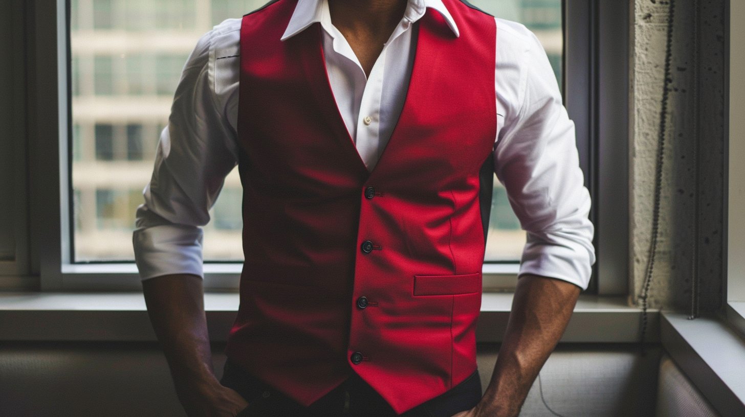 A minimalist man wearing a clean, collarless red vest with no lapel, paired with a plain white or black shirt. Modern, streamlined fashion in a sleek studio or urban backdrop. Focus on the bold color and simplicity