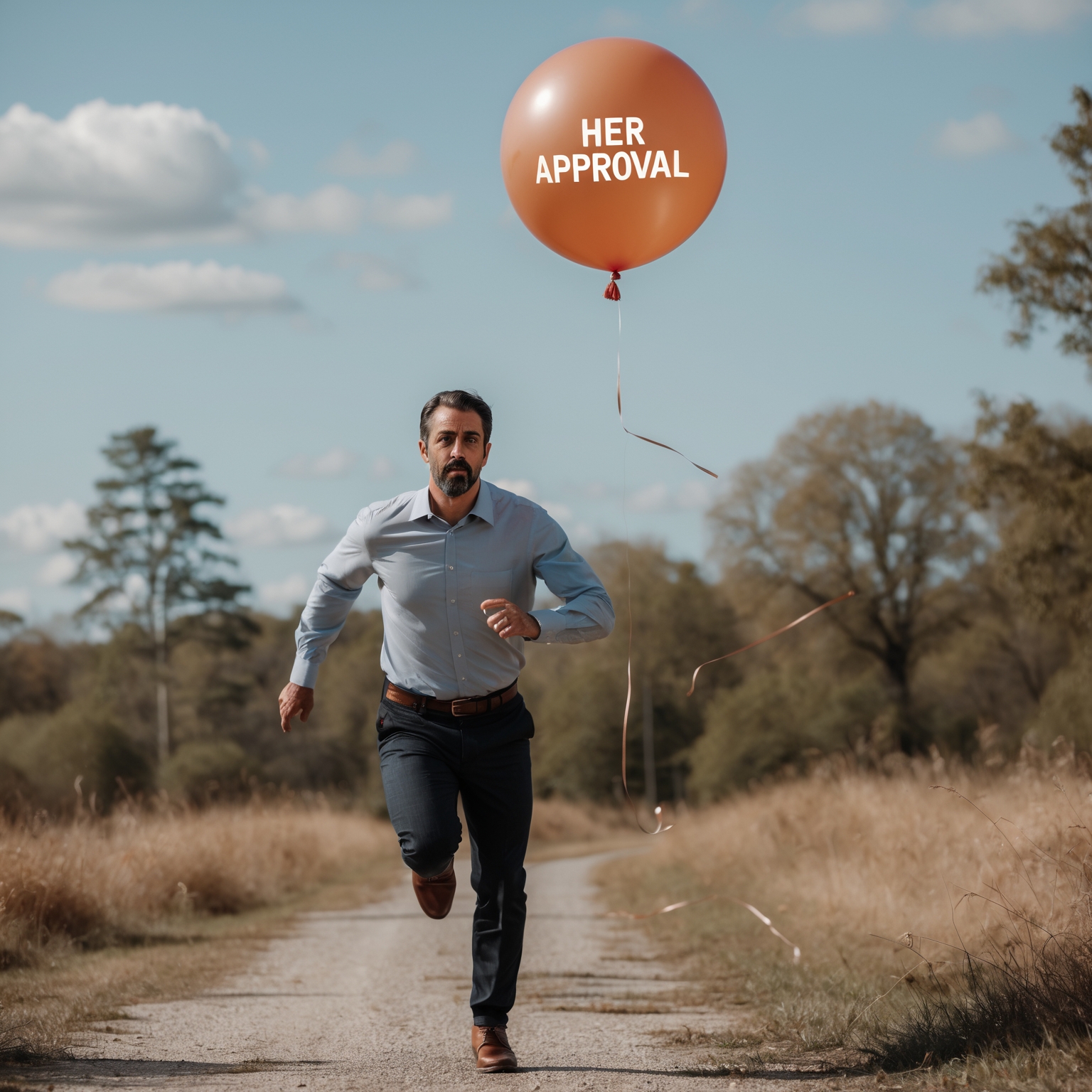 A man chasing after a balloon labeled “Her Approval,” but the string keeps slipping from his grasp – Illustrating the futility of chasing validation.