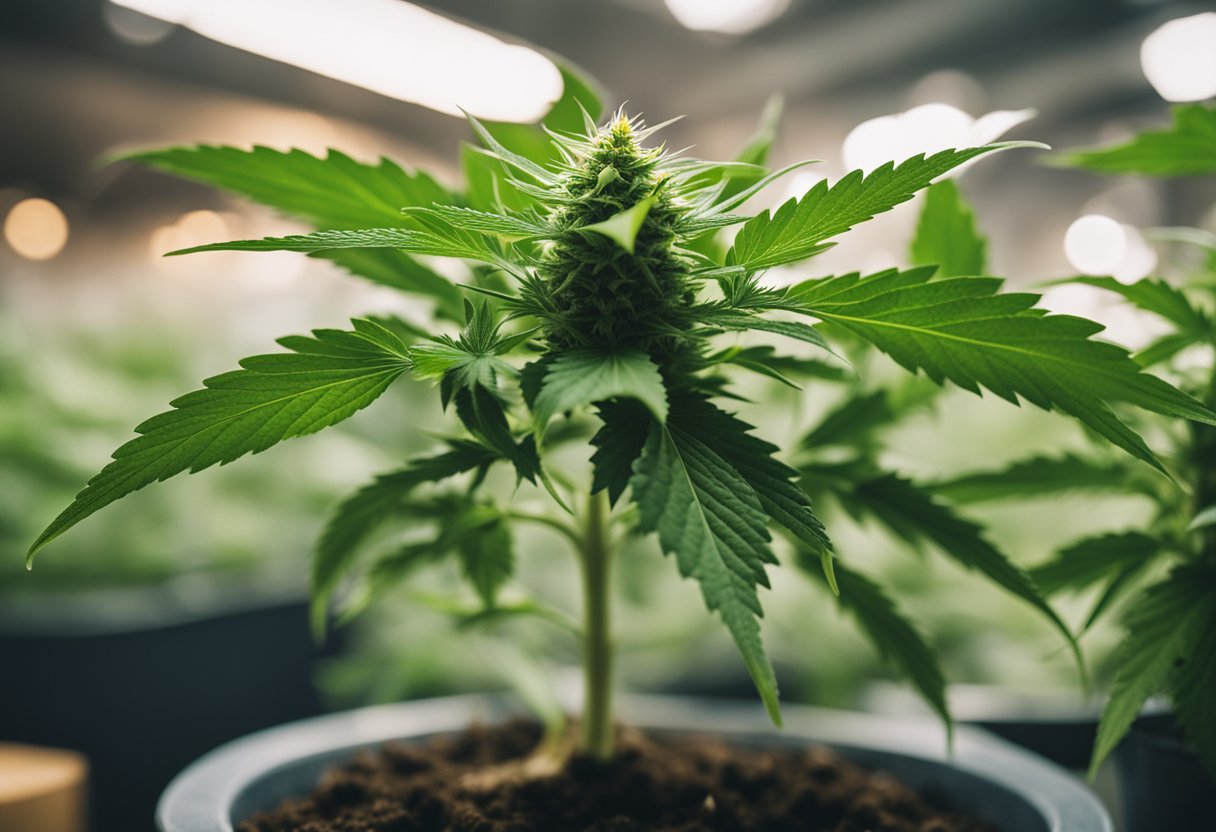 A cannabis plant growing tall and healthy, surrounded by various SEO tools and strategies, while being shielded from looming penalties