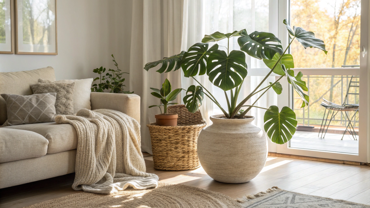 Sala de estar moderna com uma planta Costela-de-Adão