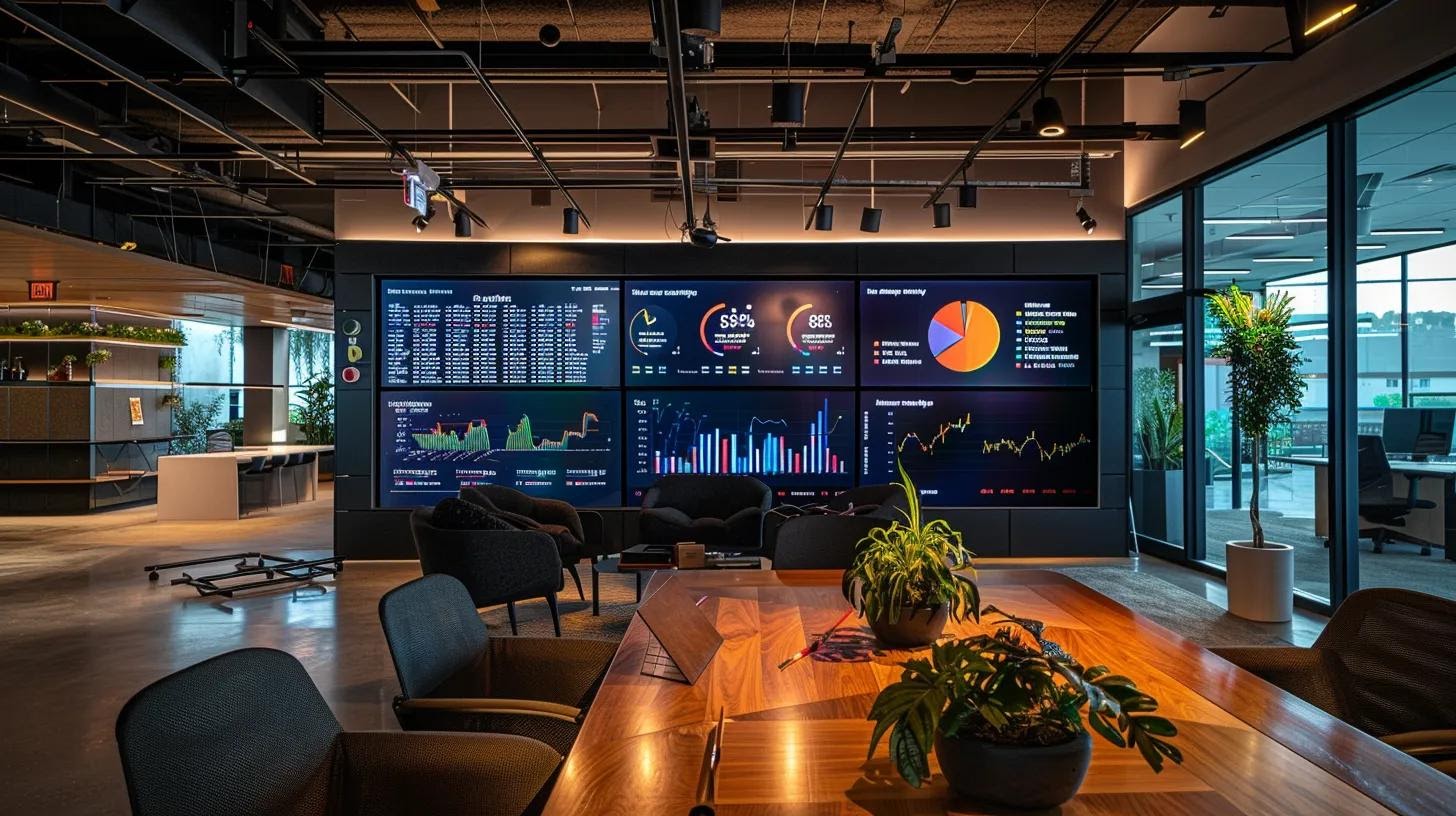 a modern office space showcases a sleek digital dashboard displaying analytics and brand guidelines, surrounded by vibrant visuals reflecting playa hermosa's local culture, emphasizing the importance of brand consistency and community engagement.