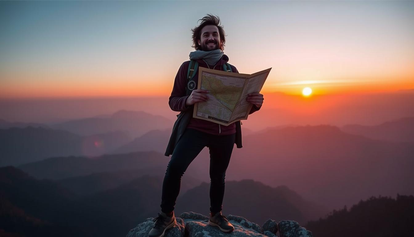 A person standing confidently on a mountain top, holding a map and compass, with a beautiful sunrise in the background. The person's posture and facial expression show determination and excitement as they take inspired action towards manifesting their dream person.