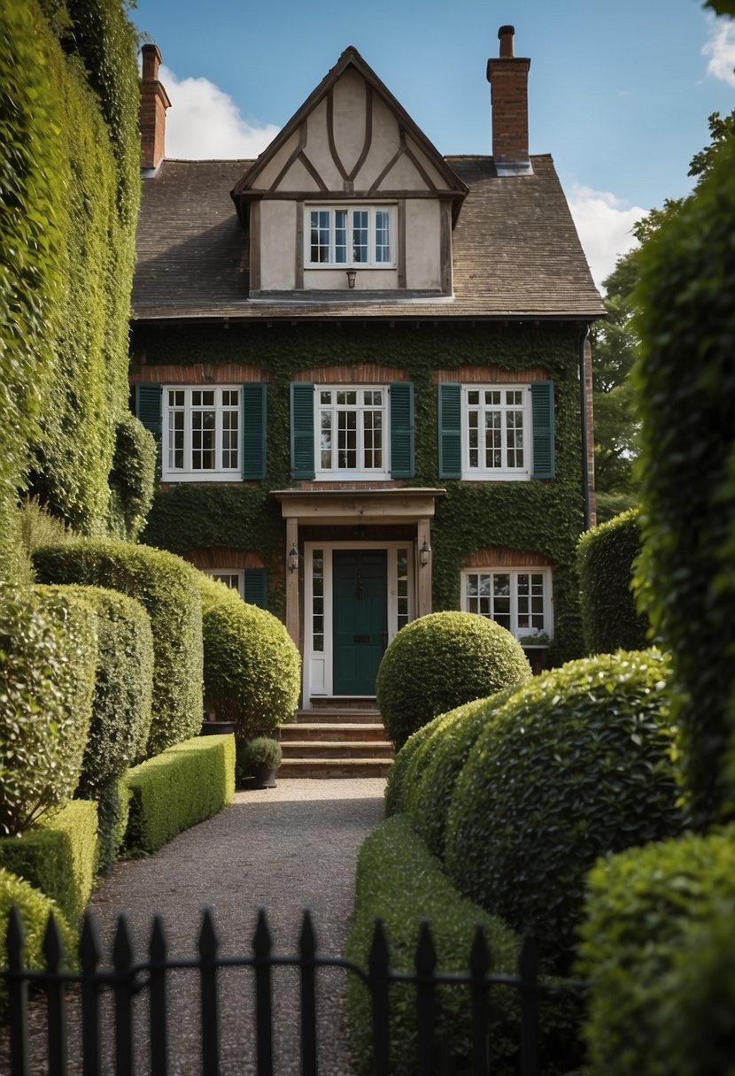 A quaint house with lush green hedge walls, creating a serene and inviting front landscape