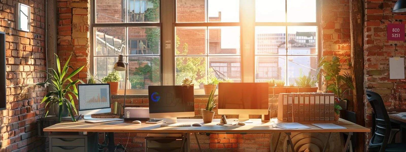 a vibrant workspace filled with digital marketing tools and screens displaying google ads analytics, illuminated by golden hour sunlight filtering through a window, embodies the essence of growth and innovation in the remodeling business.