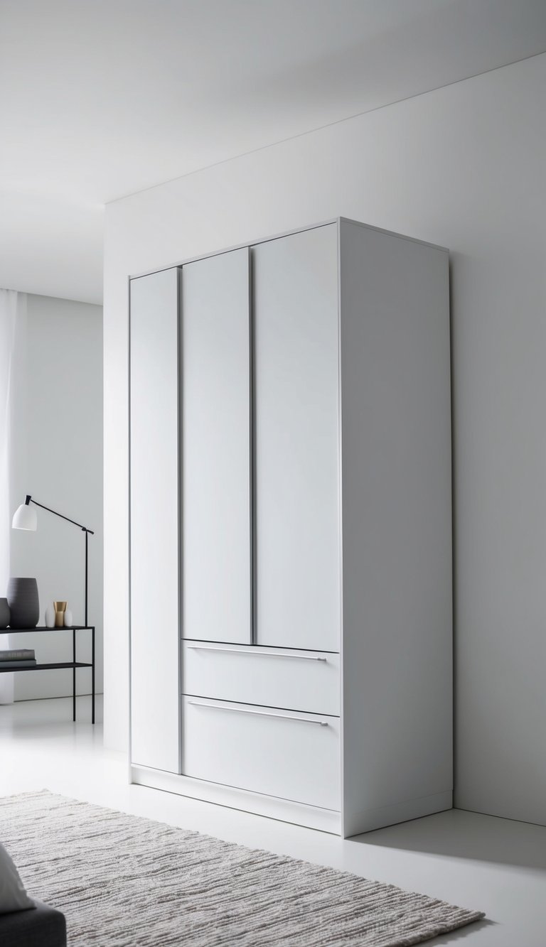 A sleek white wardrobe stands against a white backdrop in a minimalist bedroom