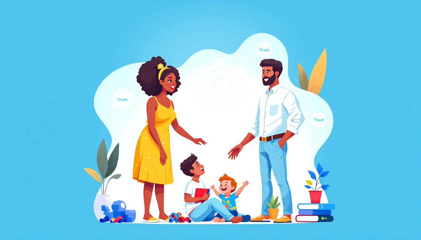 An illustration depicting the concept of co parenting, showing two parents working together for their child's welfare.