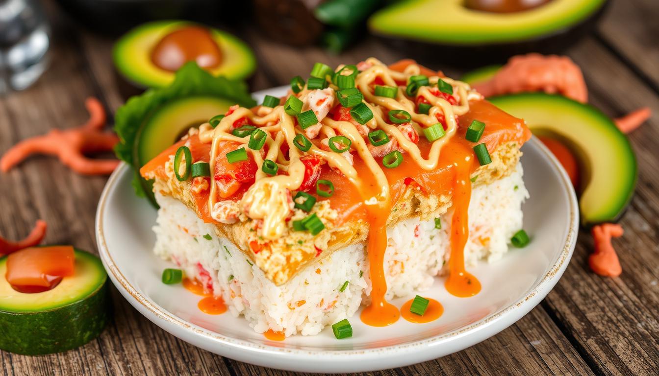 salmon crab sushi bake