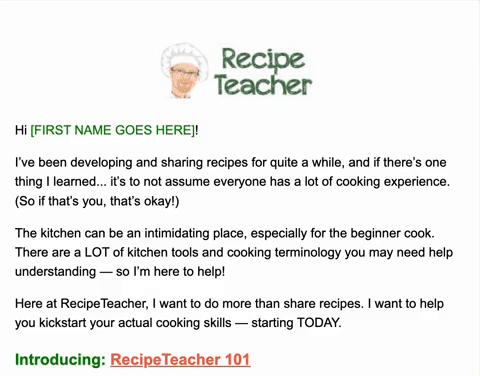 GiF of Recipe Teacher email showing how to provide value with your nurture sequence