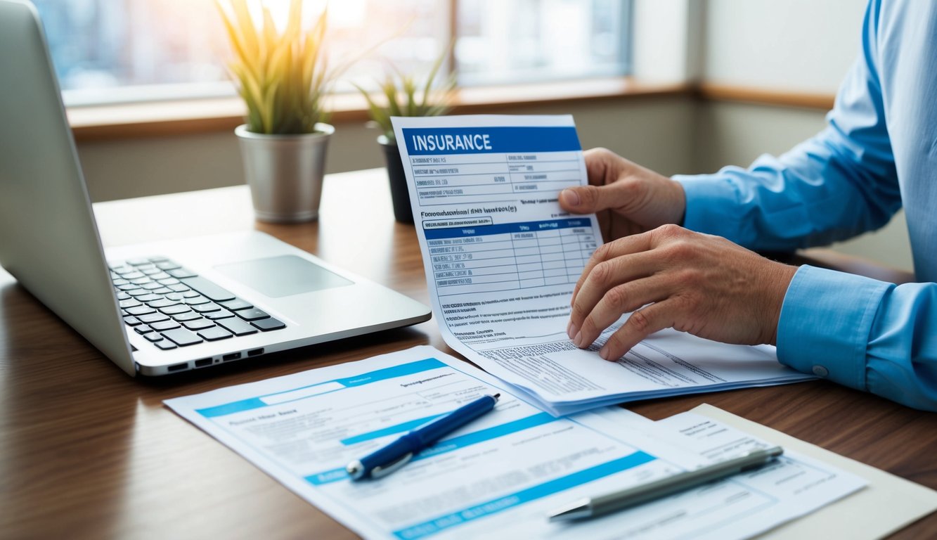 An office desk with a laptop, insurance documents, and a payment receipt. A person is typing on the computer while reviewing the insurance policy