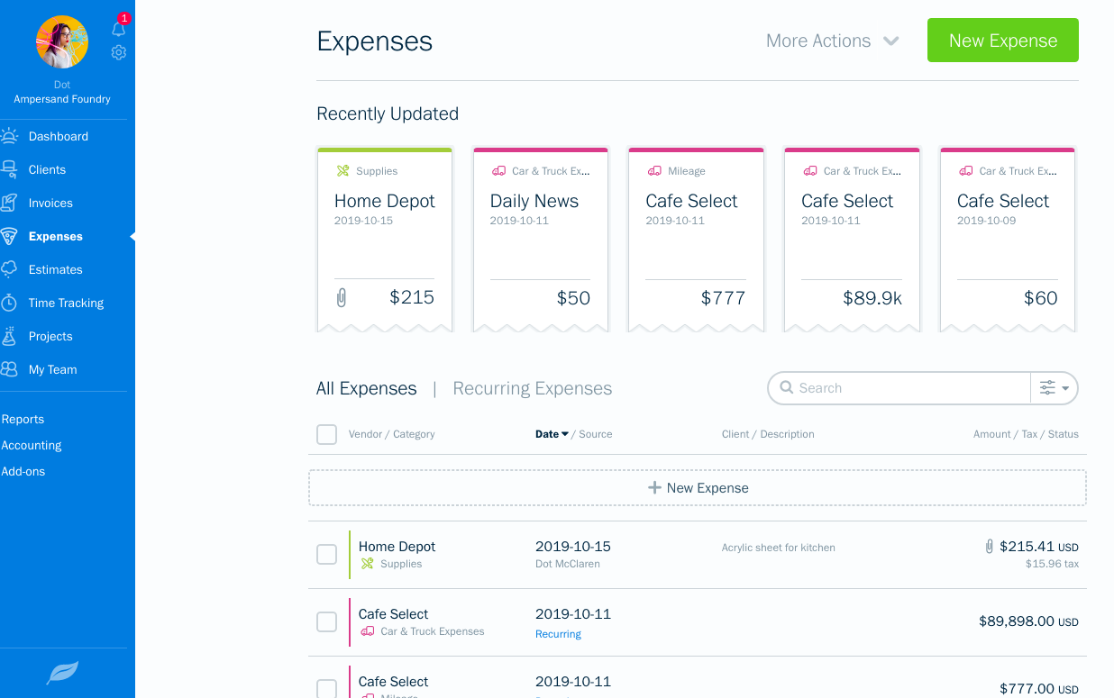 FreshBooks Expense Tracking