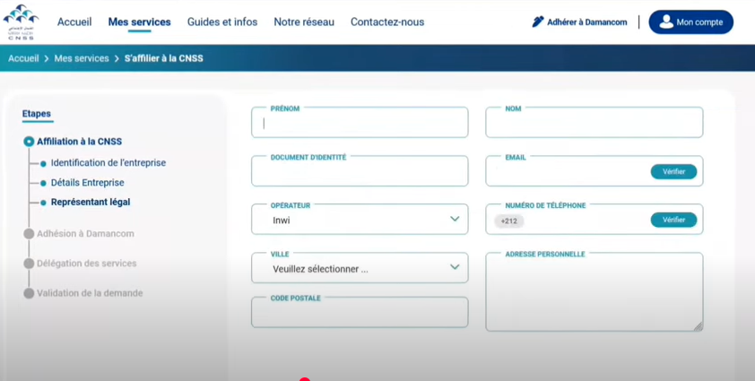 capture d'écran de l'étape Ajouter les informations du représentant légal
