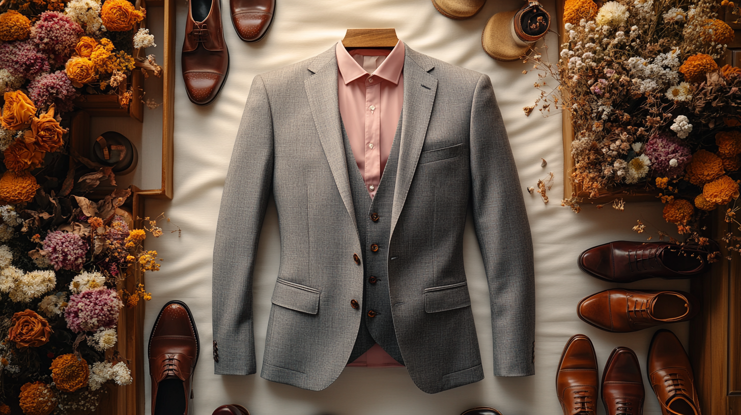 A men's gray suit, neatly laid flat on a soft, slightly flowing white fabric, creating a serene and balanced composition. The suit, paired with a pink shirt, is surrounded by various shoe options, including brown shoes, burgundy shoes. Aesthetic elements like dried flowers add a refined touch. The scene is softly illuminated with cool white lighting, casting gentle shadows that enhance the minimalist, sophisticated vibe.