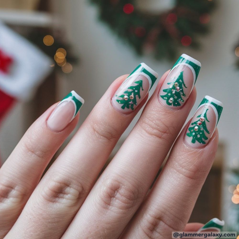 French Tip Christmas Nails having Holiday Tree Art
